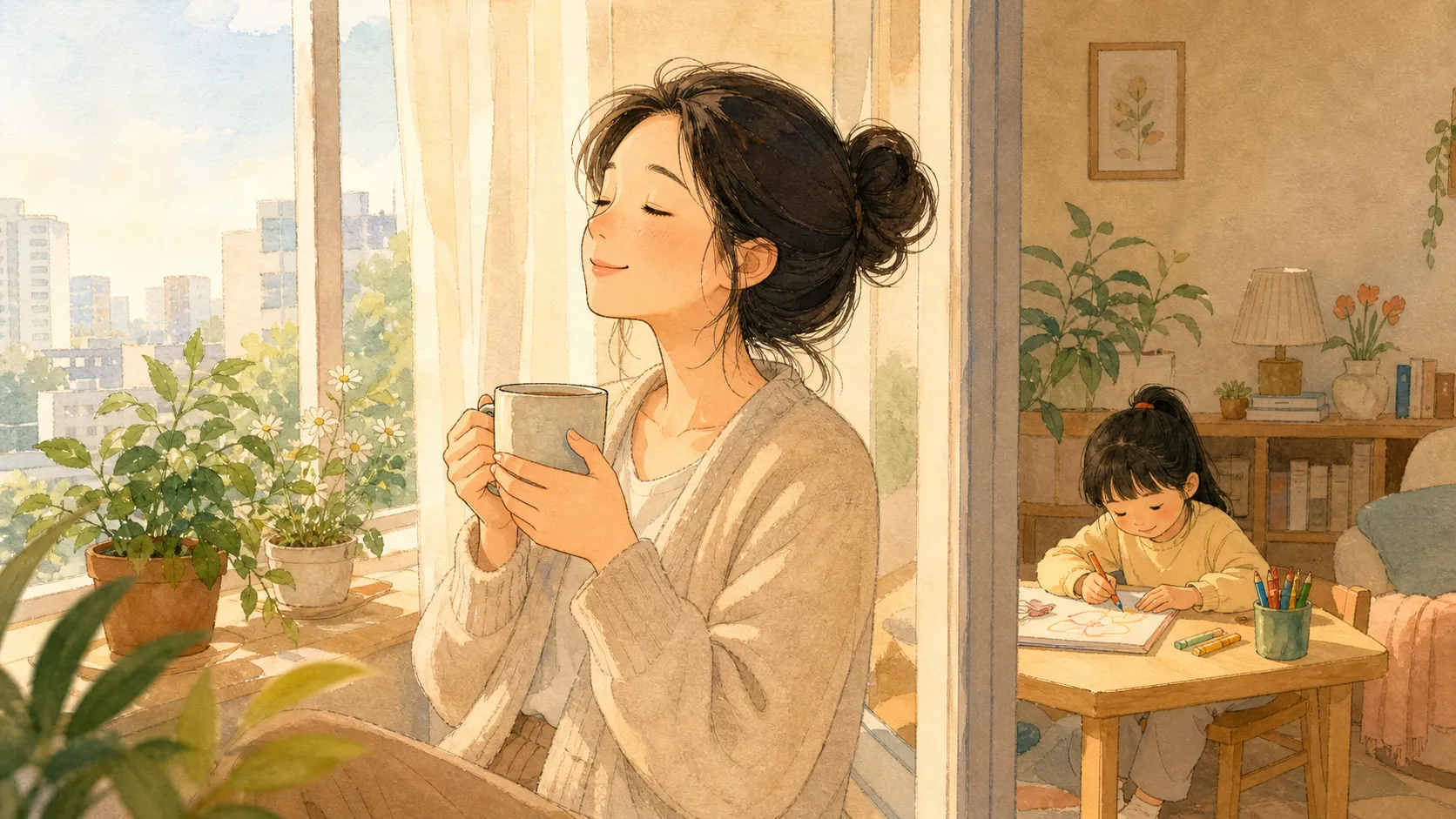 阳光下的窗边，妈妈捧着果茶放松，孩子在一旁写作业